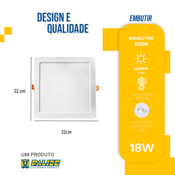 Painel Plafon Led 22x22 18w Embutir Quadrado Luminária